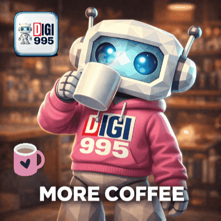 A Robot Drinking A Cup Of Coffee From A Digi 995 Sweatshirt GIF