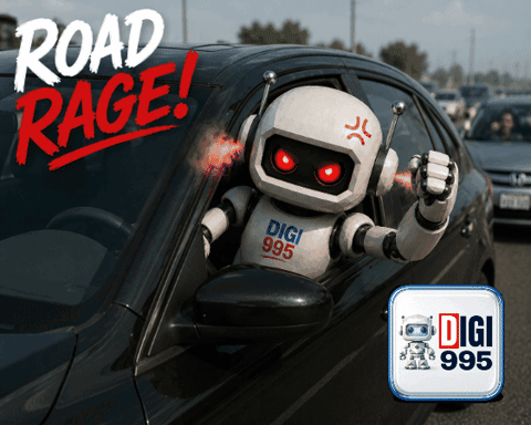 A Robot Driving A Car With The Words Road Rage Behind It GIF