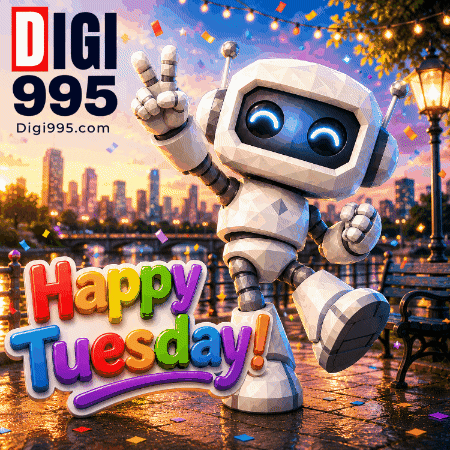 A Robot Giving A Peace Sign With The Words Happy Tuesday Behind It GIF