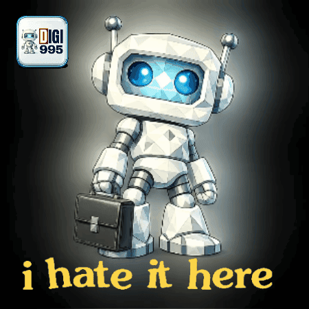 A Robot Holding A Briefcase With The Words I Hate It Here Below Him GIF