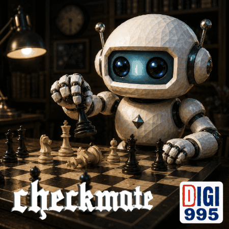 A Robot Holding A Chess Piece On Top Of A Chess Board That Says Checkmate GIF