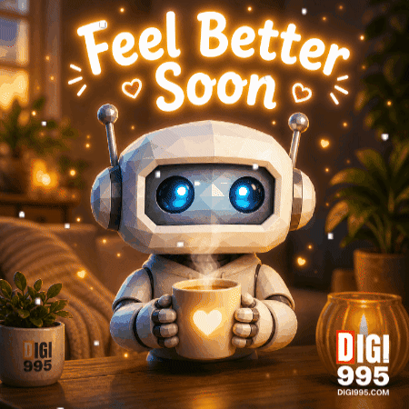 a robot holding a cup of coffee with the words feel better soon written above it