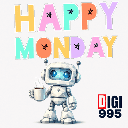 A Robot Holding A Cup Of Coffee With The Words Happy Monday Behind It GIF