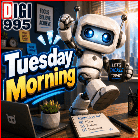 a robot holding a cup that says " let 's tackle today "