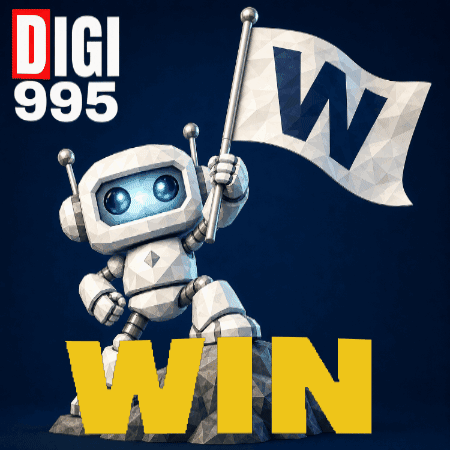 A Robot Holding A Flag That Says W On It GIF