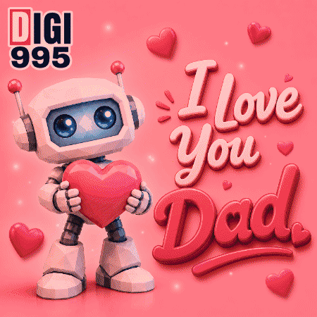 A Robot Holding A Heart With The Words I Love You Dad Below It GIF