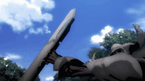 A Robot Holding A Large Sword In Front Of A Blue Sky With Clouds GIF