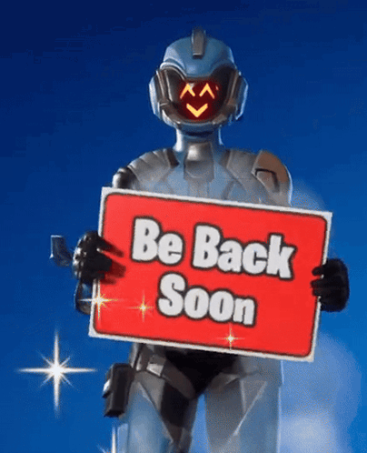 A Robot Holding A Sign That Says " Be Back Soon " GIF