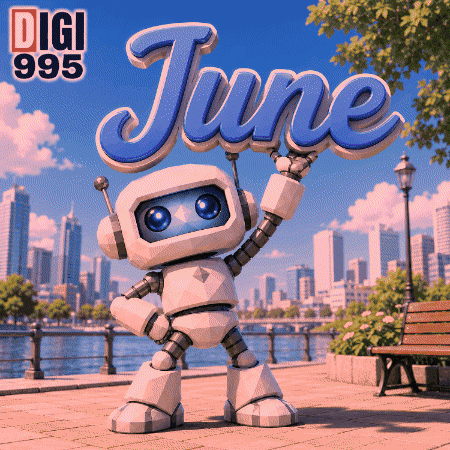 A Robot Holding Up The Word June In Front Of A City Skyline GIF