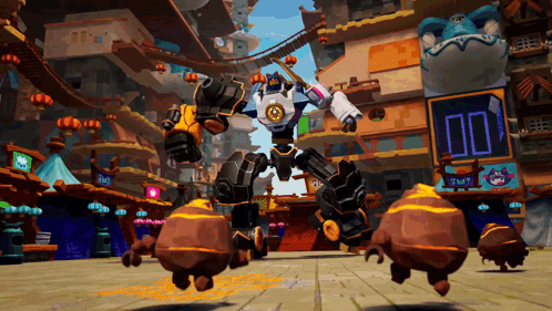 A Robot In A Video Game With A Sign That Says ' Start ' On It GIF
