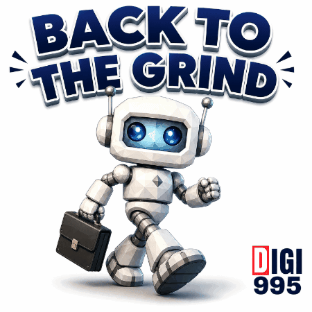 A Robot Is Carrying A Briefcase And The Words Back To The Grind Are Behind Him GIF