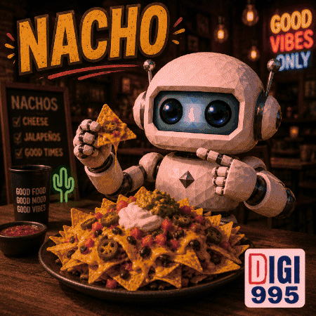 A Robot Is Eating A Plate Of Nachos With A Sign That Says Good Vibes Only In The Background GIF