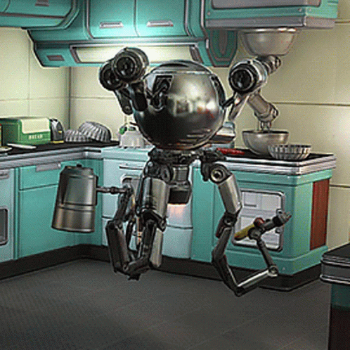 A Robot Is Flying In A Kitchen With A Green Box That Says ' Butter ' On It GIF