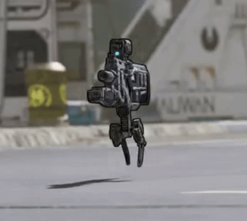 A Robot Is Flying Through The Air In Front Of A Building With The Letter U On It . GIF