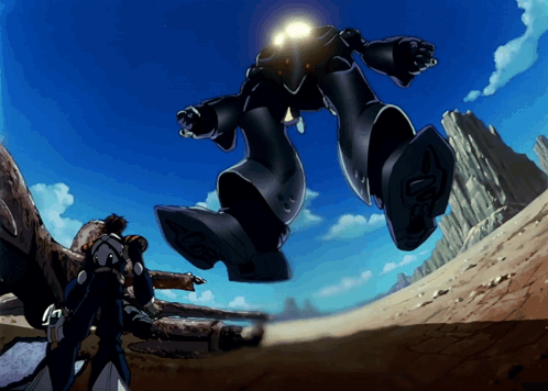 A Robot Is Flying Through The Air With A Man Standing In Front Of It GIF