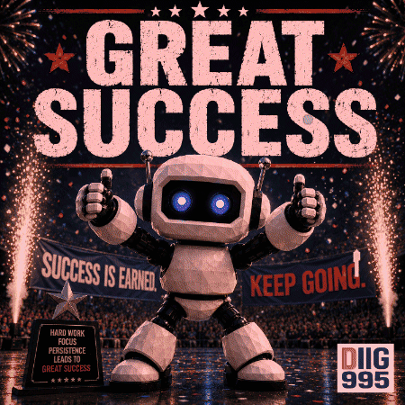 A Robot Is Giving A Thumbs Up In Front Of A Sign That Says Great Success GIF