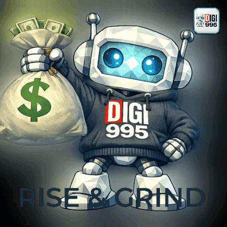 A Robot Is Holding A Bag Of Money And Wearing A Digi 995 Hoodie GIF