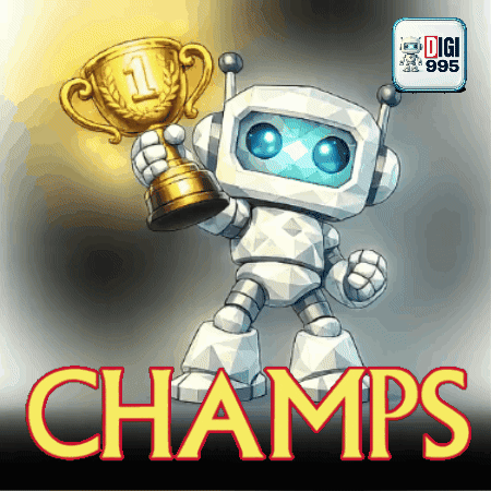 A Robot Is Holding A Gold Trophy With The Word Champs Below It GIF