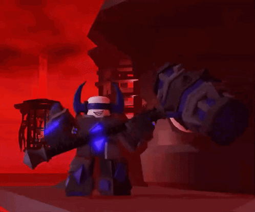 A Robot Is Holding A Large Hammer With A Blue Light Coming Out Of It GIF