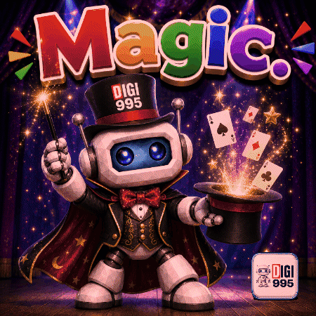 A Robot Is Holding A Magic Wand And A Top Hat In Front Of A Stage That Says Magic GIF