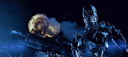 A Robot Is Holding A Rifle In A Dark Room With A Blue Light Behind Him . GIF