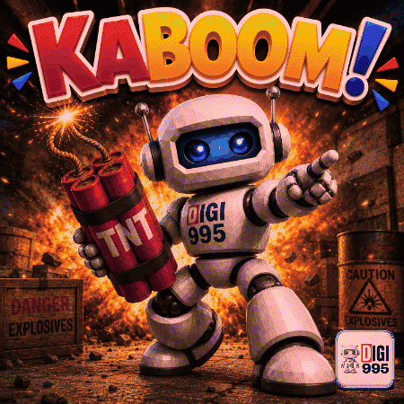 A Robot Is Holding A Tnt Bomb In Front Of A Sign That Says Caution Explosives GIF