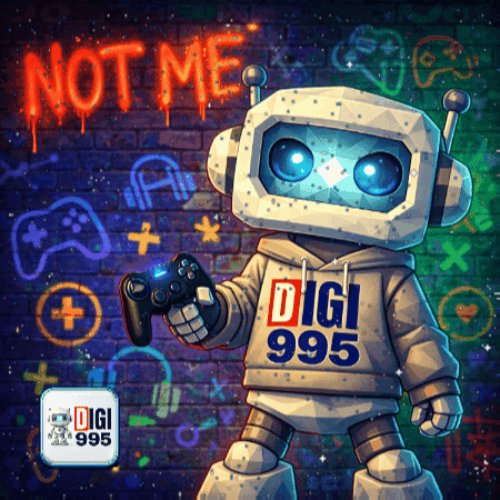 A Robot Is Holding A Video Game Controller And Wearing A Digi 995 Hoodie GIF