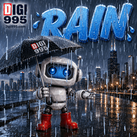 A Robot Is Holding An Umbrella In The Rain With The Word Rain Behind Him GIF