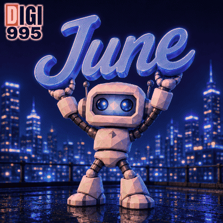 A Robot Is Holding Up The Word June In Front Of A City GIF