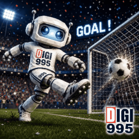 A Robot Is Kicking A Soccer Ball In A Goal With The Words Goal In The Background GIF