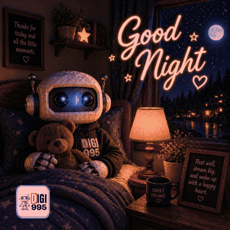 A Robot Is Laying In A Bed With A Teddy Bear And A Good Night Message GIF