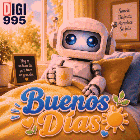 a robot is laying in bed holding a cup of coffee with the words buenos dias written below it