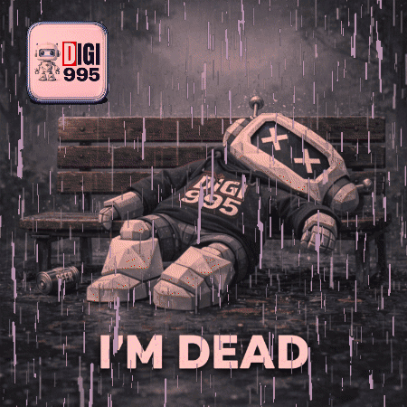 A Robot Is Laying On A Bench In The Rain With The Words I 'M Dead Below It GIF