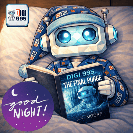 A Robot Is Reading A Book Called The Final Purge By J.k. Moore GIF
