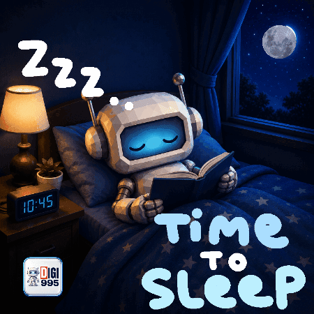 A Robot Is Reading A Book In A Bed With The Words Time To Sleep Above It GIF