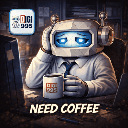 A Robot Is Sitting At A Desk Holding A Mug That Says Digi 995 On It GIF