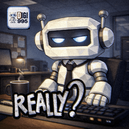 a robot is sitting at a desk with a cup of coffee and the word really