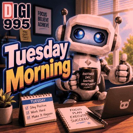 A Robot Is Sitting At A Desk With A Laptop And A Mug That Says Another Day Another Opportunity GIF