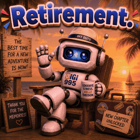 a robot is sitting in a chair with a mug that says goodbye stress and welcome freedom