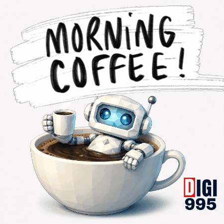 A Robot Is Sitting In A Cup Of Coffee With The Words Morning Coffee Behind It GIF
