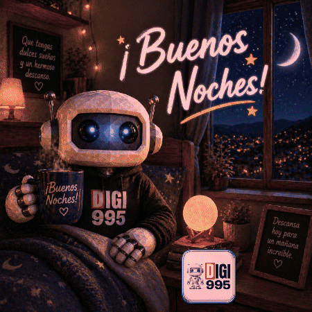 A Robot Is Sitting In Bed Holding A Mug That Says Buenos Noches GIF