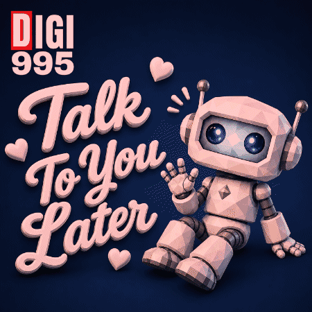 A Robot Is Sitting In Front Of A Sign That Says Talk To You Later GIF