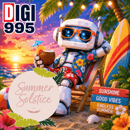 A Robot Is Sitting On A Beach With A Sign That Says Sunshine Good Vibes And Endless Summer GIF
