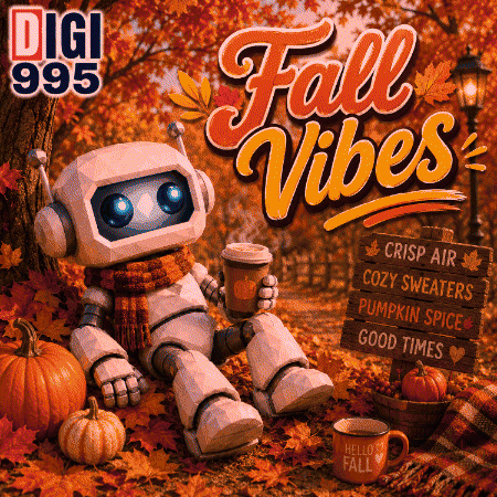 a robot is sitting under a tree holding a cup of coffee and a mug that says hello to fall