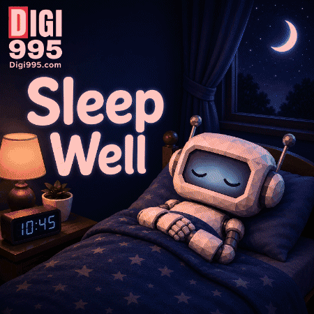A Robot Is Sleeping In A Bed With The Words Digi 995 Sleep Well Above It GIF
