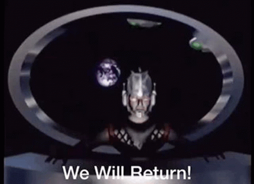 A Robot Is Standing In A Circle With The Words `` We Will Return '' . GIF