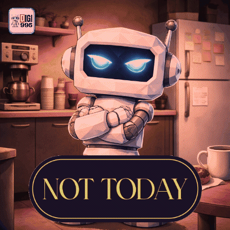 A Robot Is Standing In A Kitchen Next To A Not Today Sign GIF