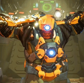 A Robot Is Standing In A Room With Its Arms Outstretched And Glowing Eyes . GIF