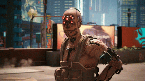 A Robot Is Standing In Front Of A Billboard That Says " Every Night " GIF