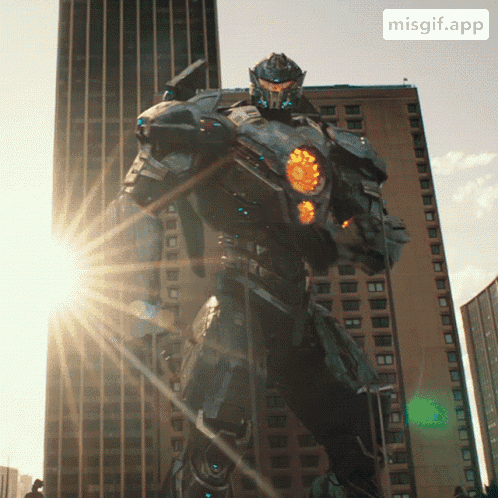A Robot Is Standing In Front Of A Building With The App Misgif.app Visible In The Corner GIF